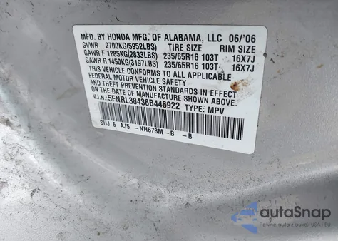 2006 Honda Odyssey Ex z USA, uszkodzony, nr VIN 5FNRL38436B446922